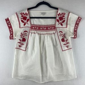 Madewell Wildfield White Linen/Cotton Peasant Blouse Red Embroidery SZ M